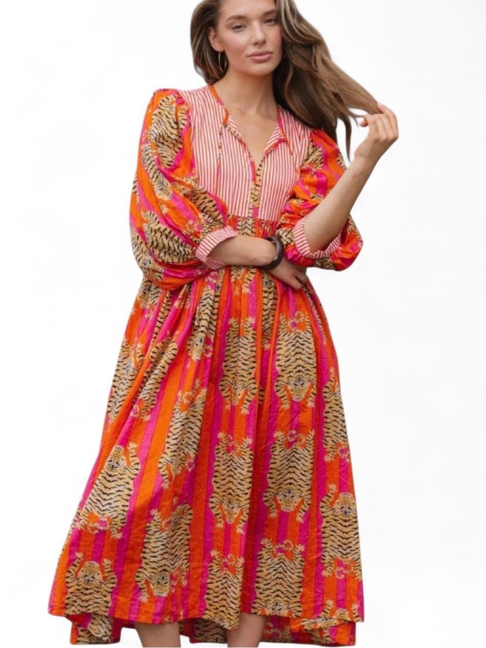 House of Sundar Tara Midi Dress Red Tigress Size M Popover Puff Sleeve